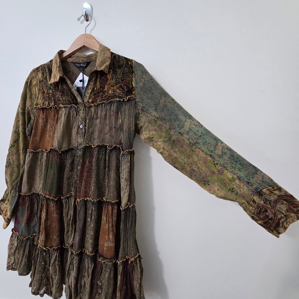 Young Threads Whimsigoth Embroidered Patchwork Shirt Dress Sz M Velvet Grunge - Picture 5 of 16